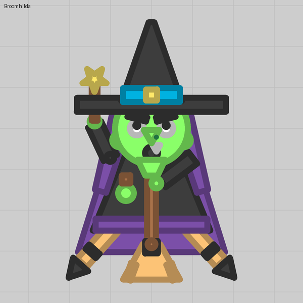 Broomhilda: broom twigs that swing behind
